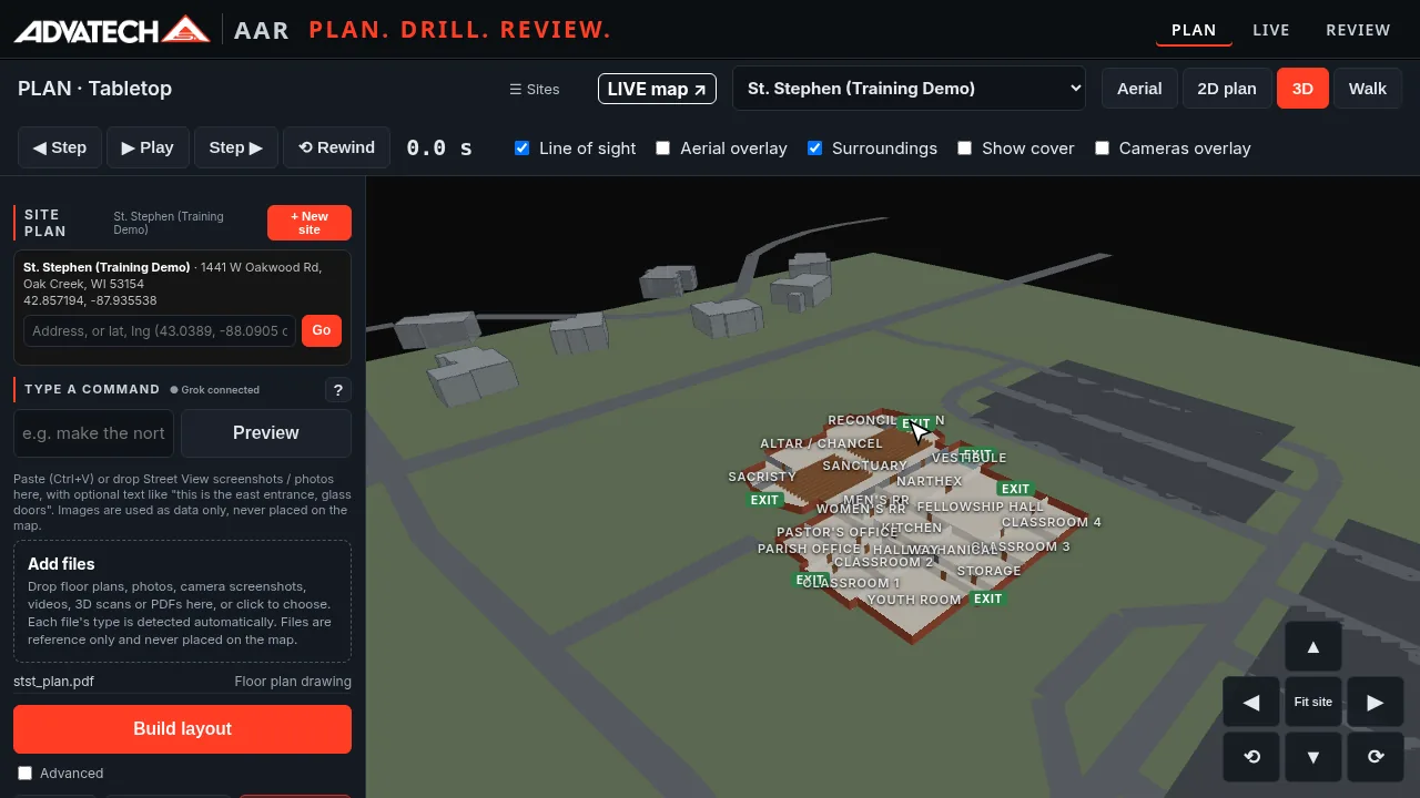 A church building layout in AAR's 3D view