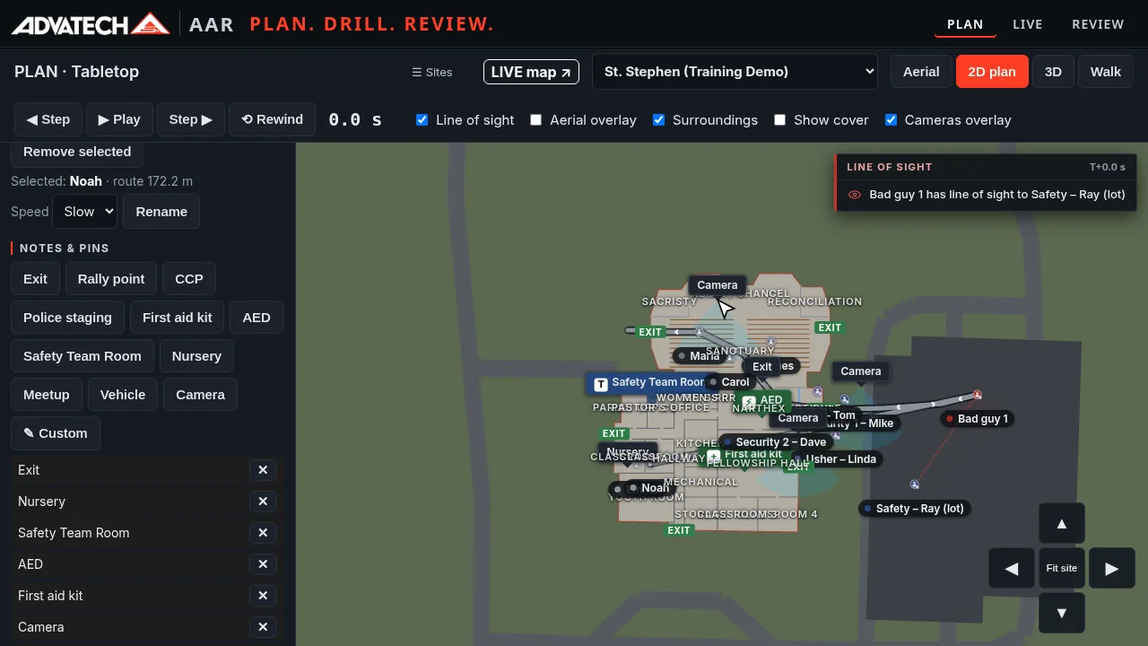 Axis IP cameras with view cones placed on a building plan in AAR
