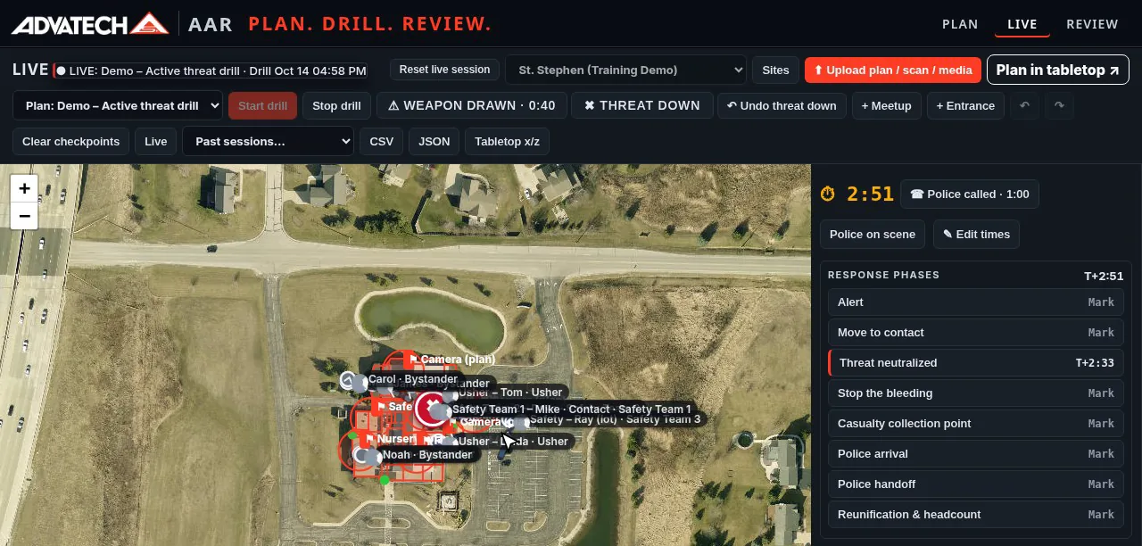 A live AAR drill on an aerial map with team members' positions and the drill timer