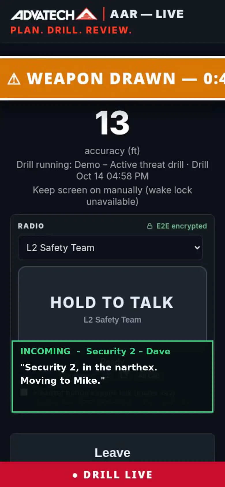 Phone view during a drill