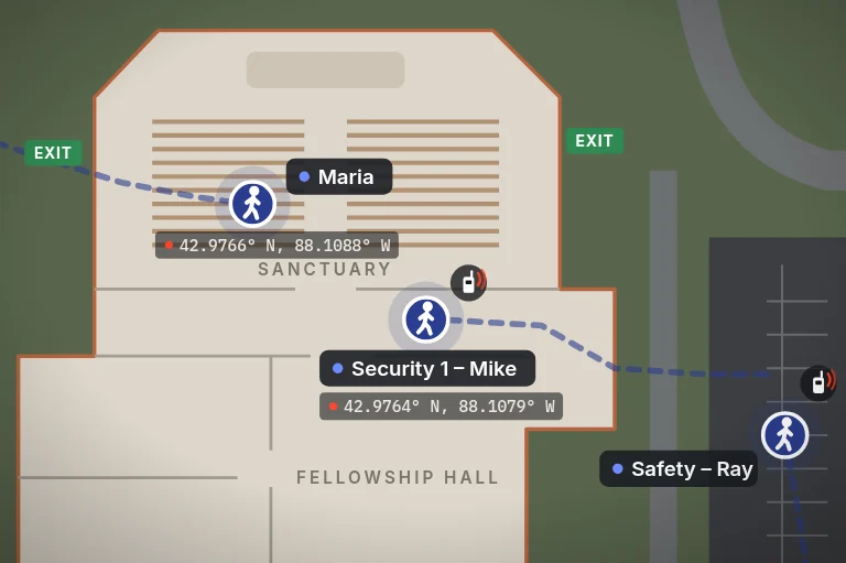 AAR 3D site plan of a church campus with rooms and exits labeled