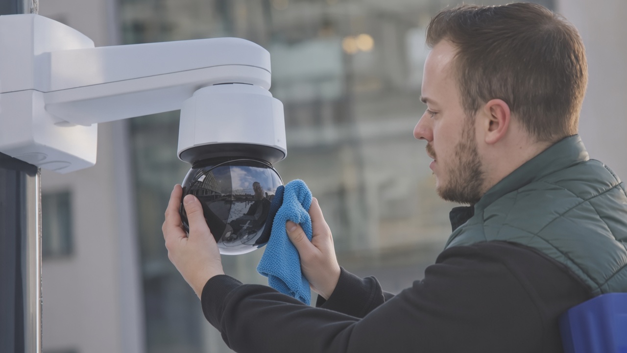 A technician wiping an outdoor security camera dome with a blue cloth