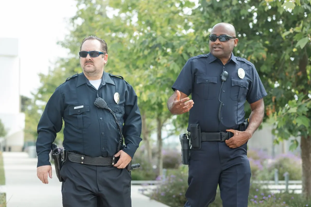 Two law enforcement officers in uniform walking outdoors