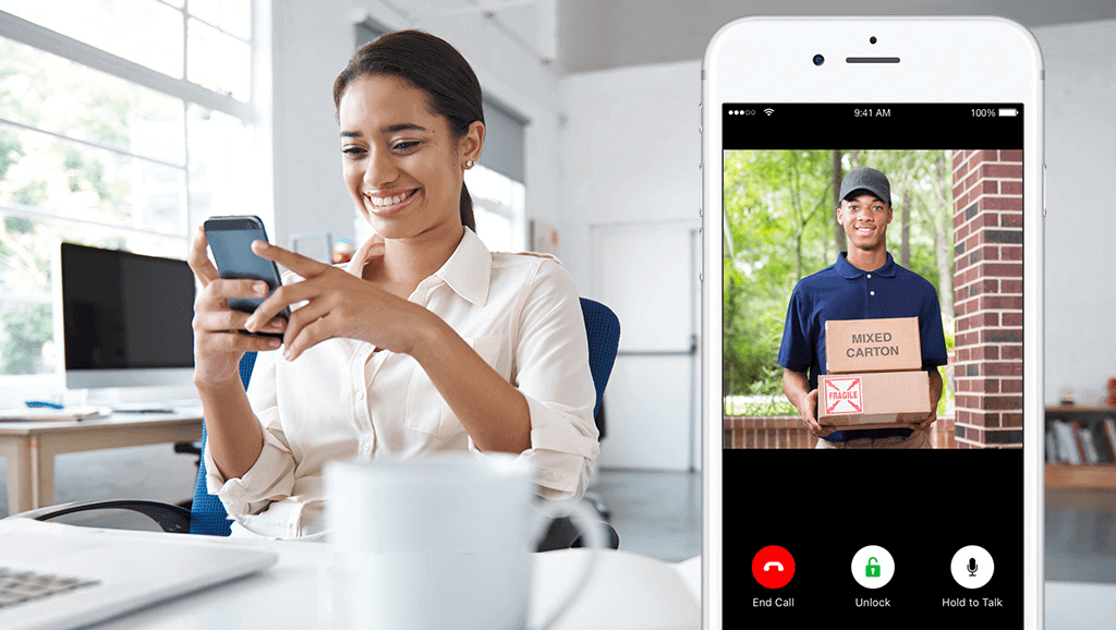 A person answering a video doorbell call as a delivery driver arrives