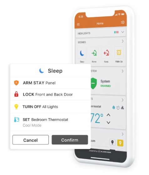 A sleep scene that locks the doors, turns off the lights, and sets the thermostat