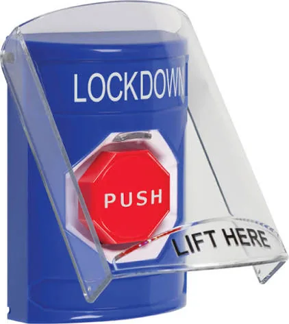 A hand pressing a blue LOCKDOWN push button.